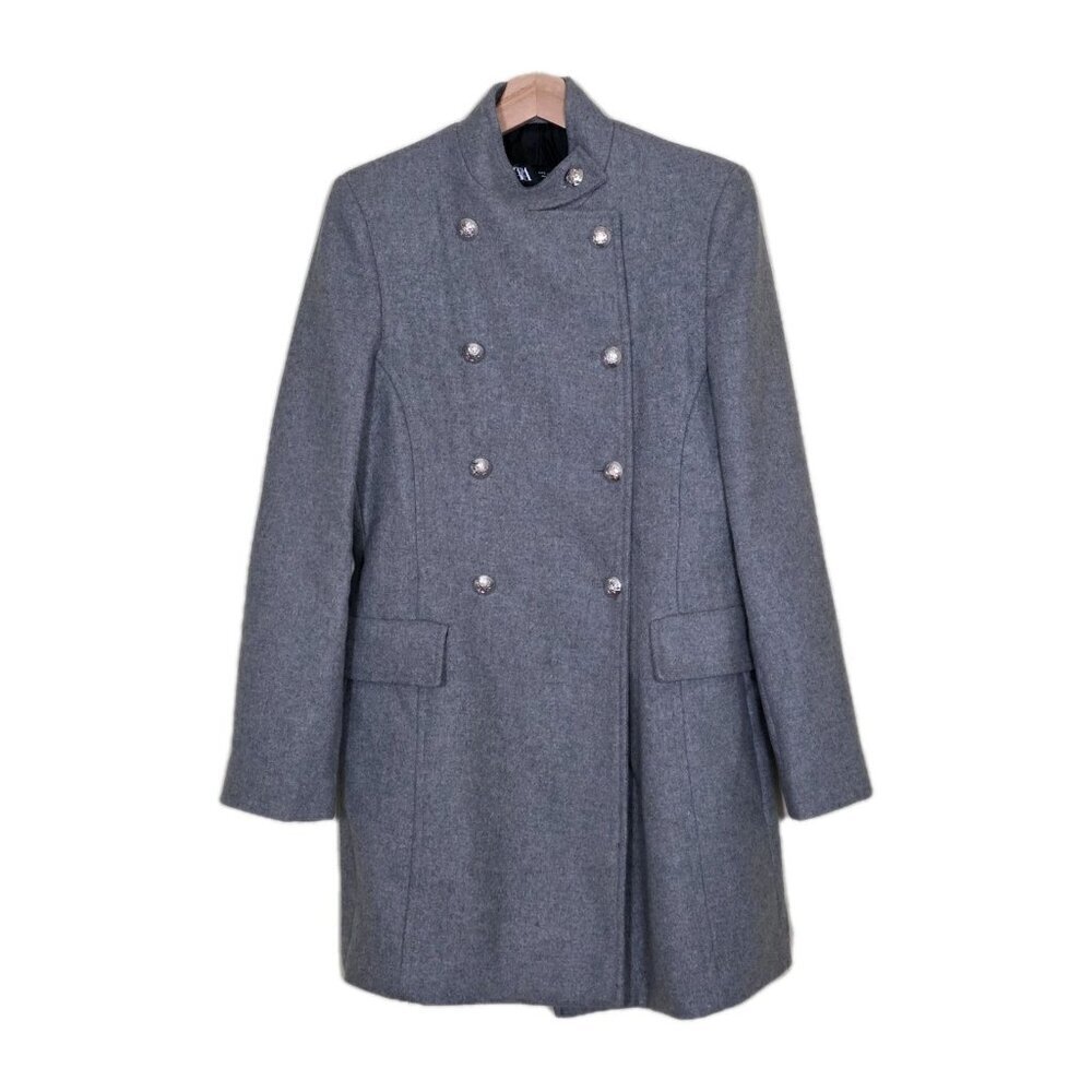 Zara Wool Blend Coat Womens S Gray Double Breasted Buttons Stand Collar Napoleon